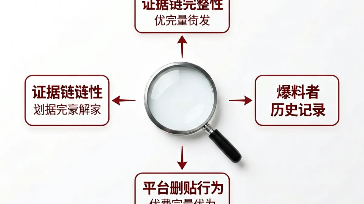 黑料吃瓜 - 分析爆料真实性的信息图，展示截图证据链、账号历史记录与平台删帖行为等关键判断维度